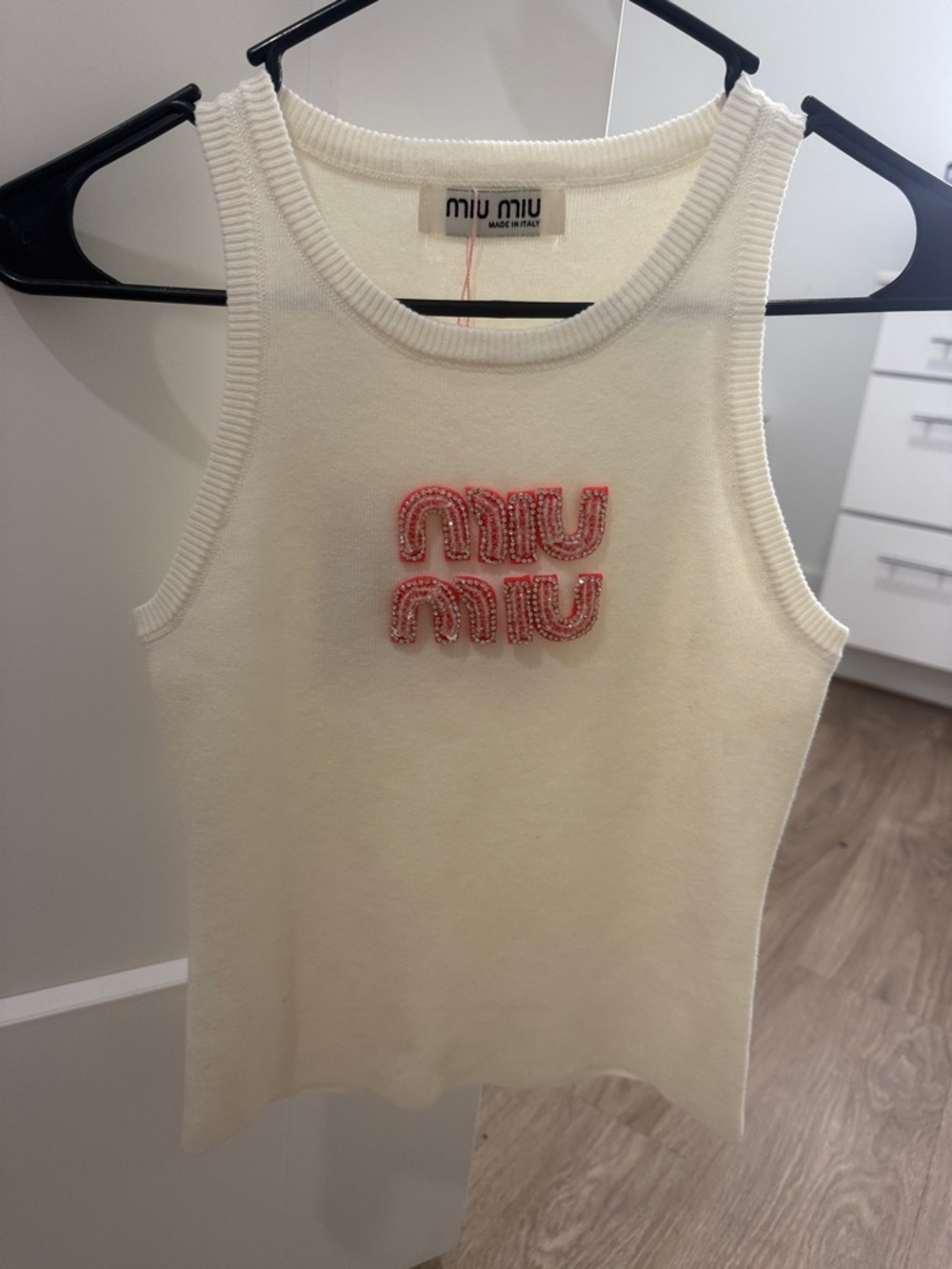 Miu Miu Cream Knit Tank with Pink Beaded Logo